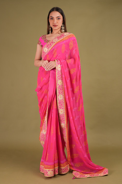 Pink Yellow Gota Printed Saree