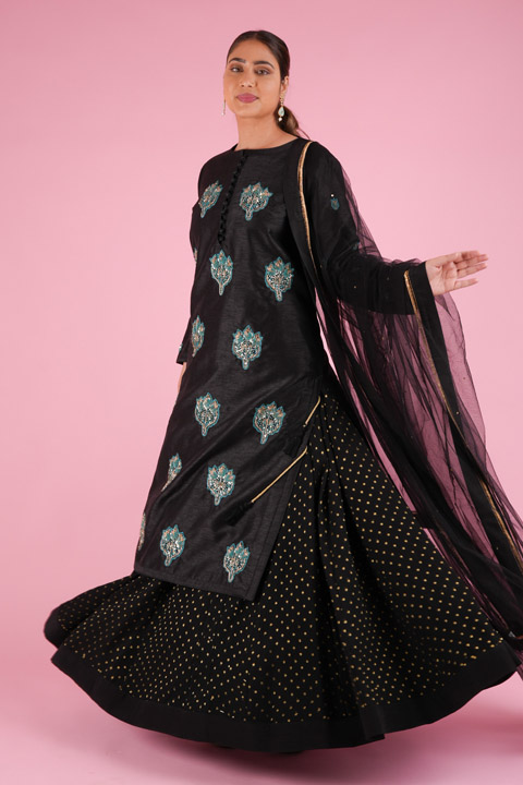 Black Zardozi Silk Kurta And Lehenga Set