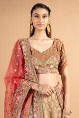 Multi- coloured Ombre Mor Jharokha Embroidered LehengaDSC00492
