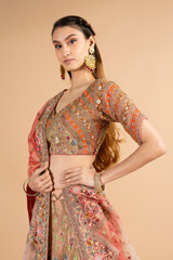 Multi- coloured Ombre Mor Jharokha Embroidered LehengaDSC00495