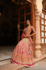 Multi- coloured Ombre Mor Jharokha Embroidered Lehenga