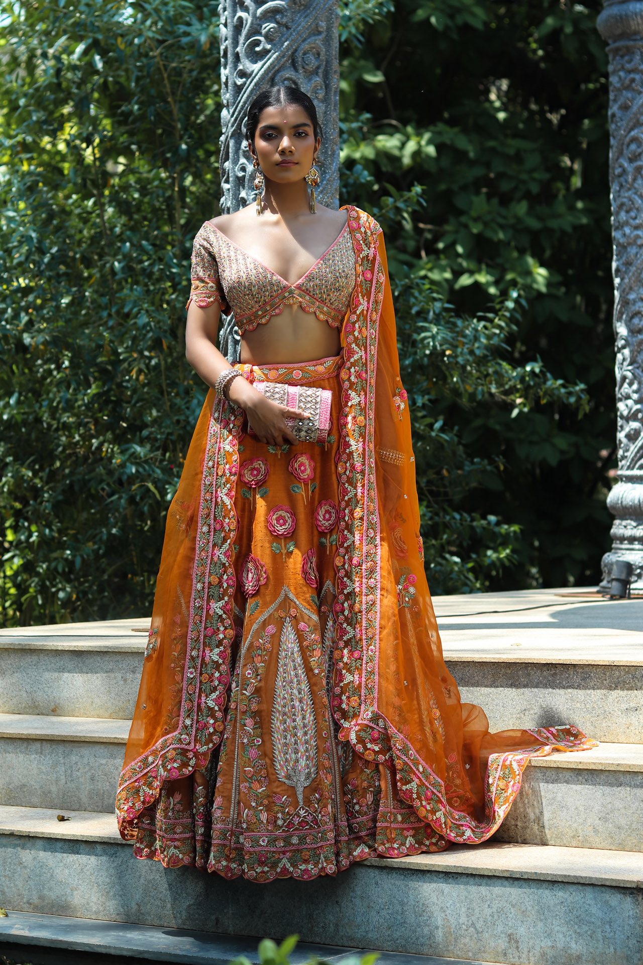 ORANGE HAND-EMBROIDERED LEHENGA