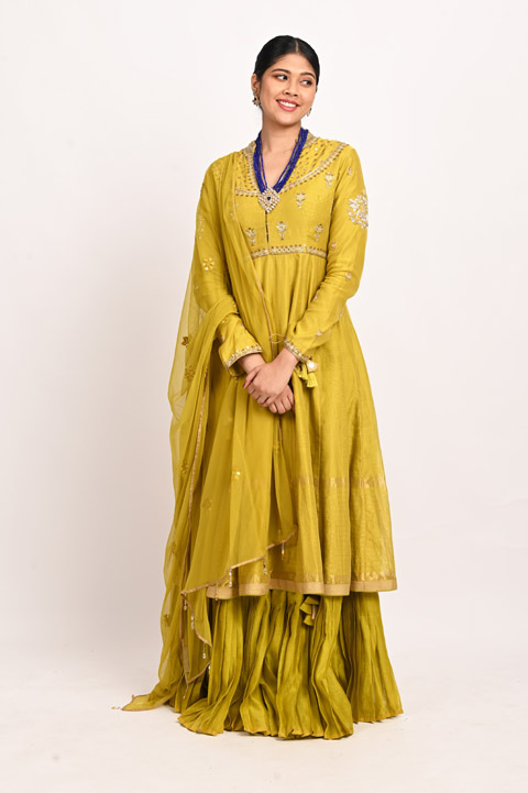 Yellow Chanderi Pleated Kurta Set