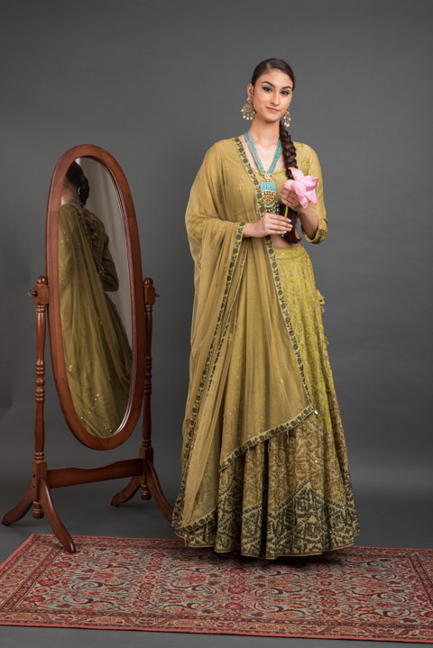 Green Chanderi Mirror Work Lehenga