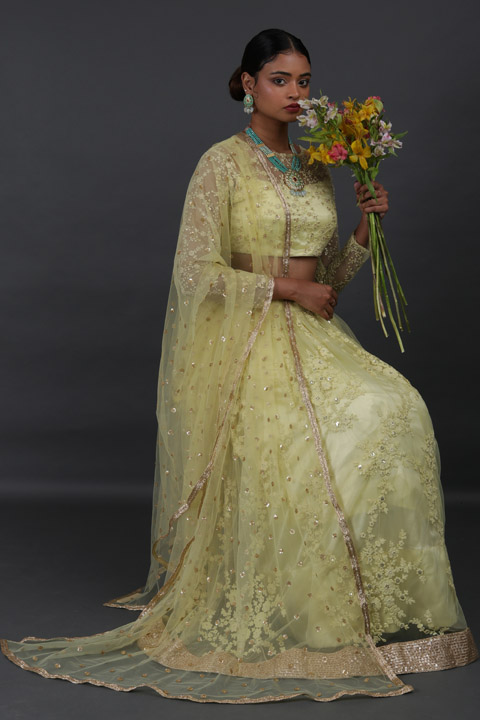 Lemon Yellow Net Lehenga
