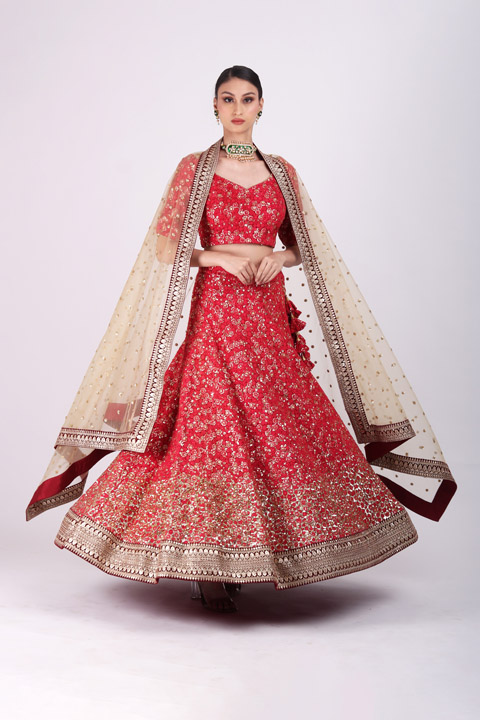 Red Crusting Lehenga