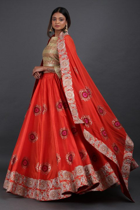 Orange Sunflower Embroidered Lehenga