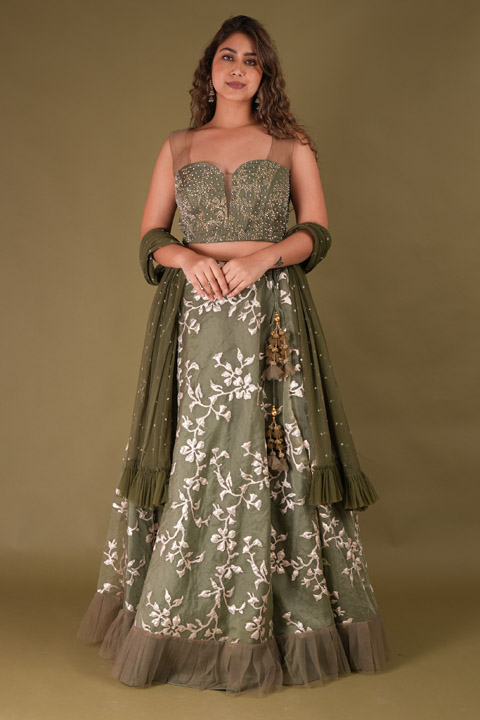Green Embroidered Lehenga
