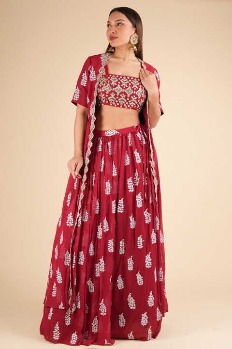 Red Embroidered Jacket Lehenga