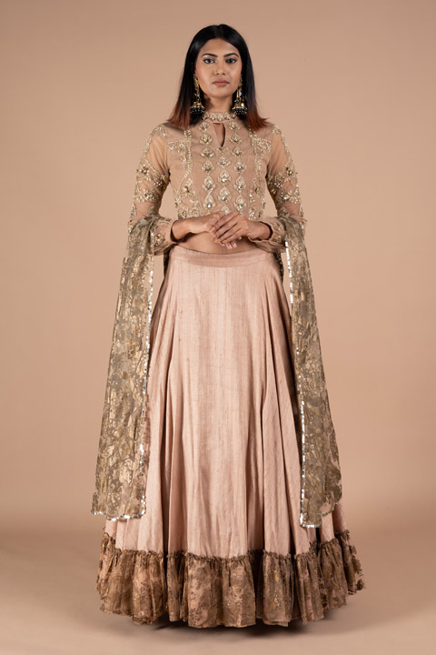 Peach Lehenga With Printed Dupatta