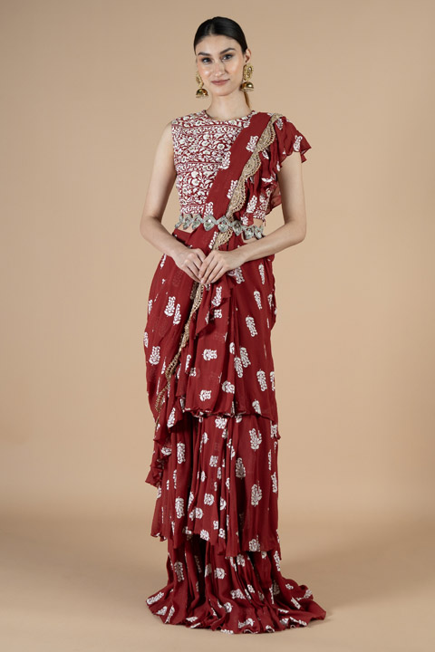 Red Printed Layered Saree Set