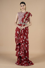 Red Printed Layered Saree SetDSC08556