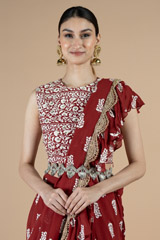 Red Printed Layered Saree SetDSC08558