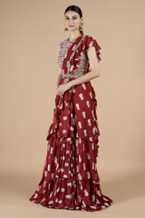 Red Printed Layered Saree SetDSC08560