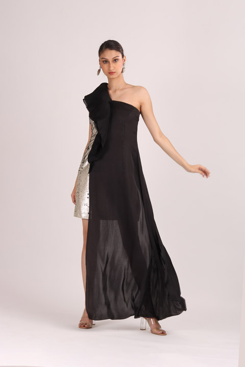 Black And Silver Sequins Crepe Dress