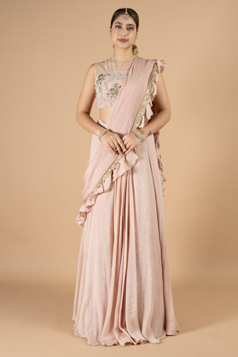 Blush Peach Chiffon Ruffle Saree