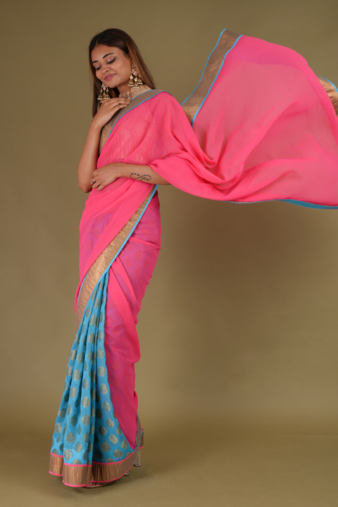 Pink and Blue Brocade Saree