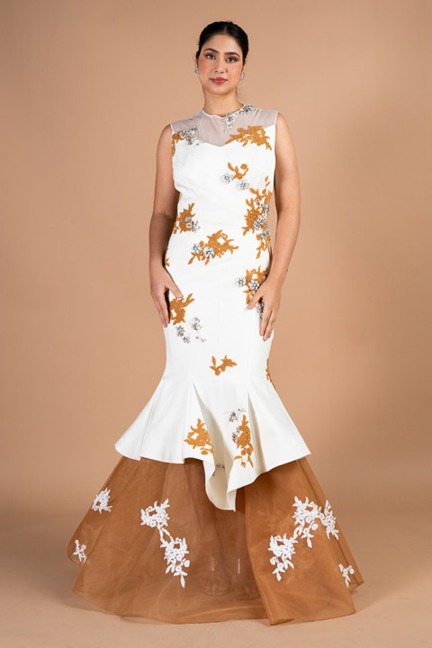 Nude Crepe Gown With Crochet