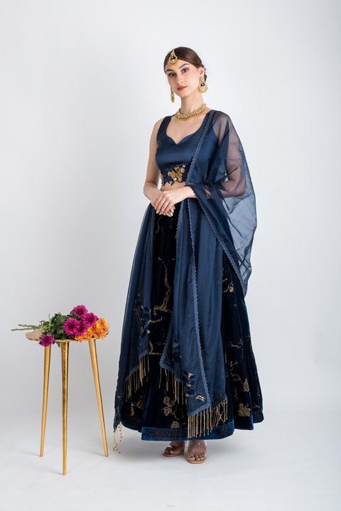 Navy Blue Micro Velvet Lehenga