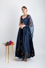 Navy Blue Micro Velvet Lehenga