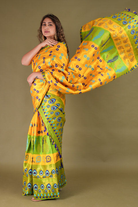 Yellow and Green Mekhela Chador