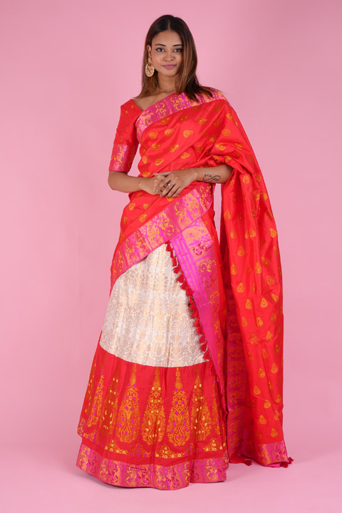 White  Pink and Red Mekhela lehenga