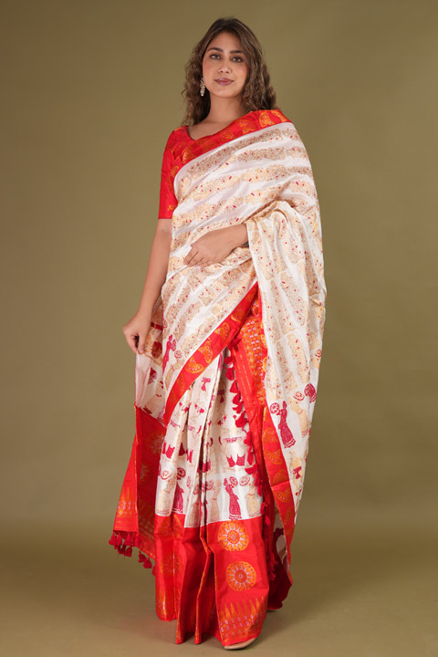 White and Red Mekhela Chador