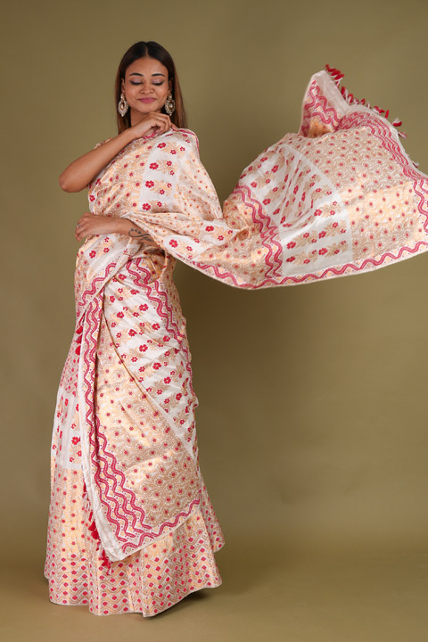 White and  Red Zari Mekhela Lehenga