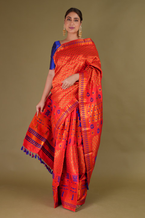 Red  Blue Mekhela Chador