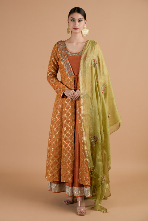 Orange Anarkali  Set With Jacket