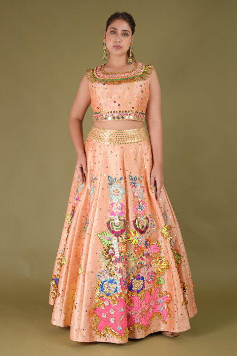 Peach Applique Work Top Bottom Set