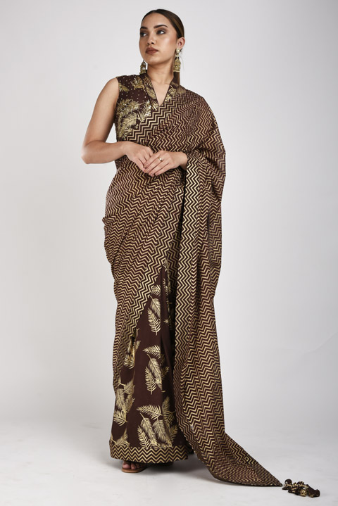 Brown Printed Saree Set