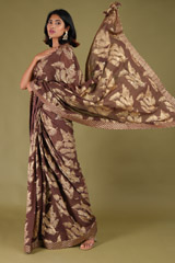 Brown Foil Print Saree Set
