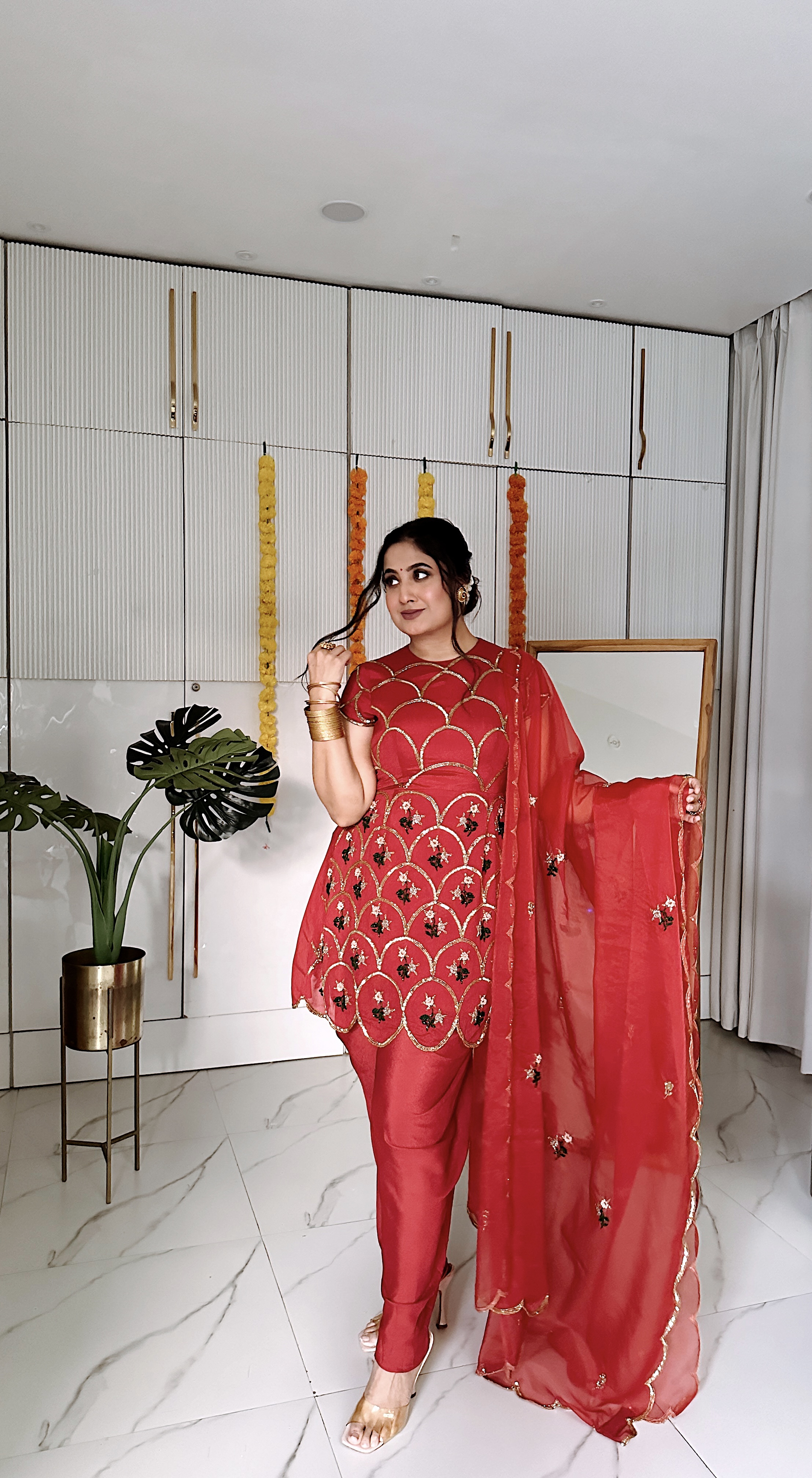 Red Scallop Suit Set