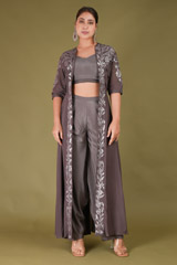 Grey Crop Top With Dhoti And A Jacket