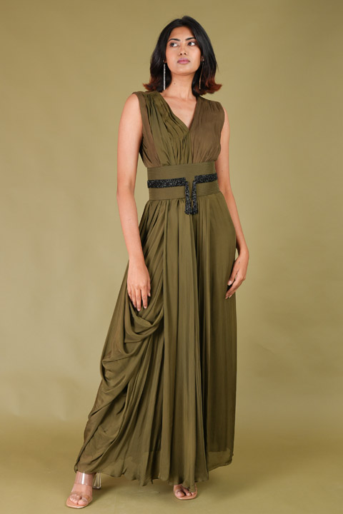Olive Green Saree Gown