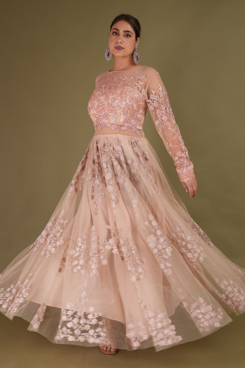Salmon Thread Hand Embellished Gown