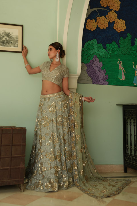 Teal Blue Roses Lehenga