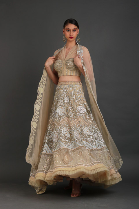 Cream Embellished Lehenga Set