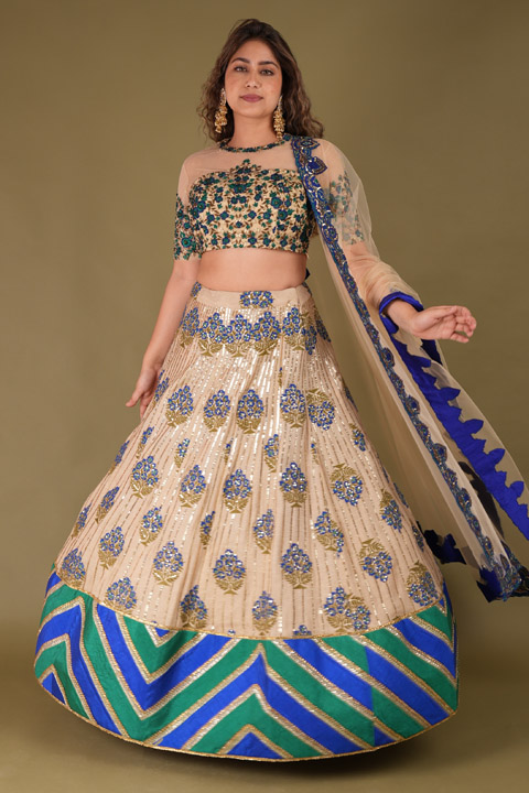 Beige Peacock Jute Lehenga