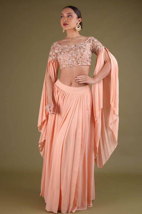Peach Pleated Top Bottom Set