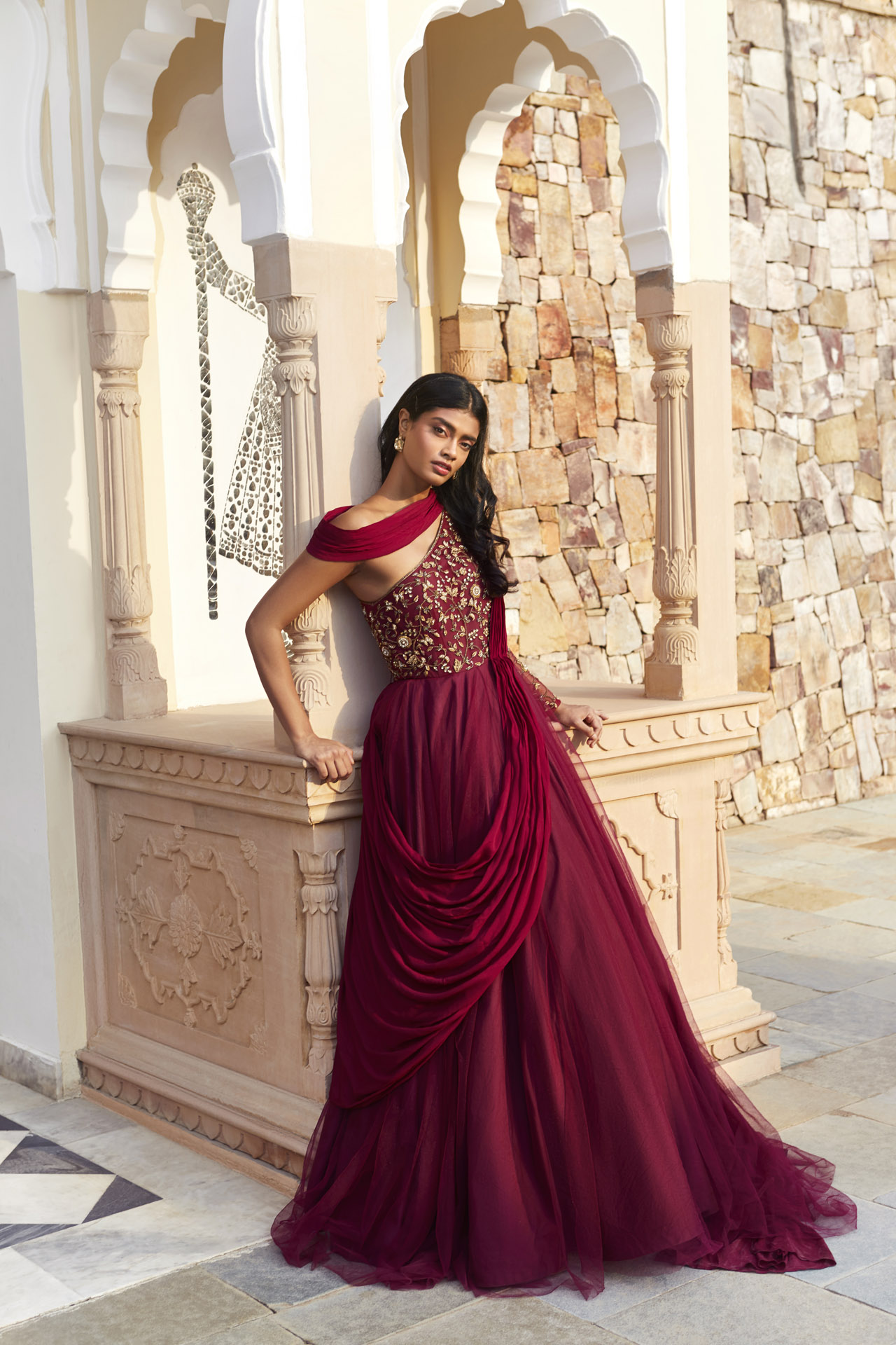 DABKA EMBROIDERED FLARED GOWN