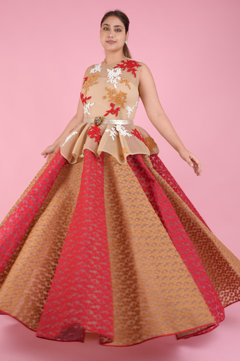 Red Beige Peplum Gown