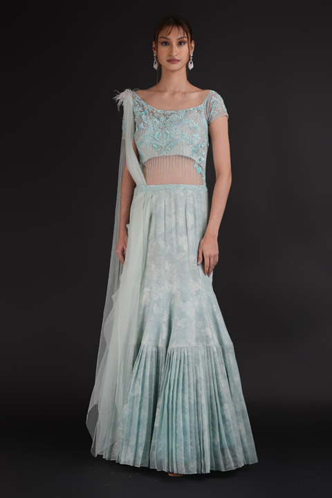 Blue One Shoulder Saree Gown