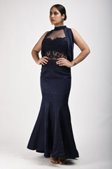 Navy Blue Crinkle Satin Gown