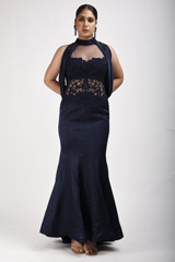 Navy Blue Crinkle Satin Gown_SUB9616