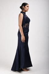 Navy Blue Crinkle Satin Gown_SUB9619
