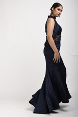 Navy Blue Crinkle Satin Gown_SUB9626