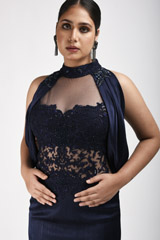 Navy Blue Crinkle Satin Gown_SUB9634