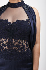 Navy Blue Crinkle Satin Gown_SUB9637